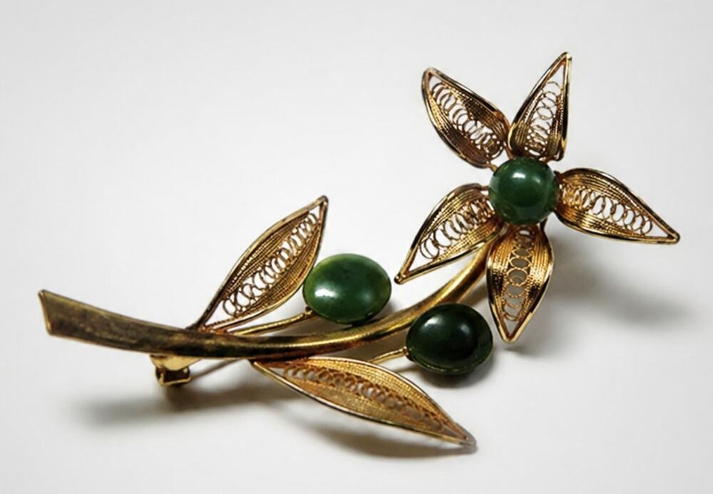 Nephrite Jade Flower‎ Brooch Pin Green 2" Large Vintage Floral Filigree fb1-2